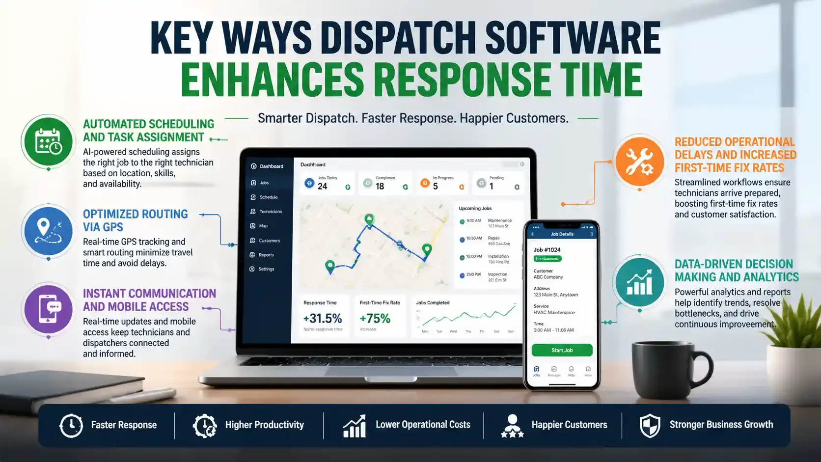 Infographic showing how dispatch software improves response time and efficiency.